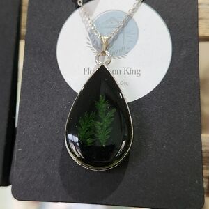 Fern in black resin handmade necklace on 18 inch plated silver tone chain